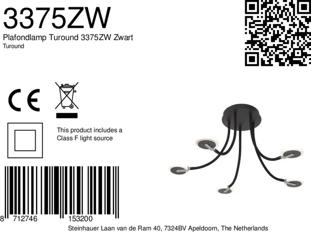 Steinhauer Turound 3375ZW Plafondlamp - 5000 Lumen - Zwart - afbeelding 6 van 6