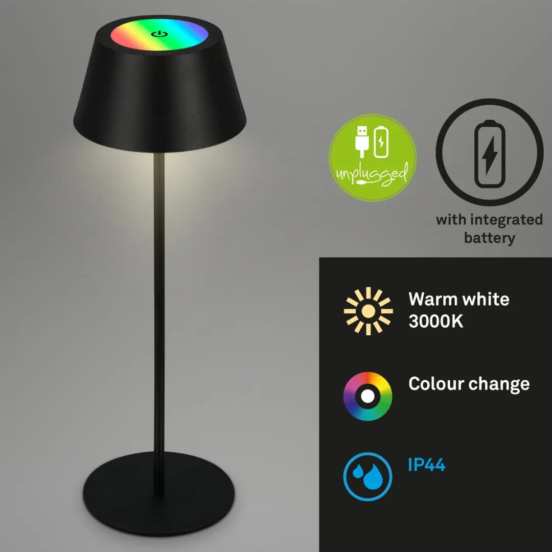 Briloner Kiki RGB Tafellamp - Oplaadbaar USB-C - Ø12cm - Zwart