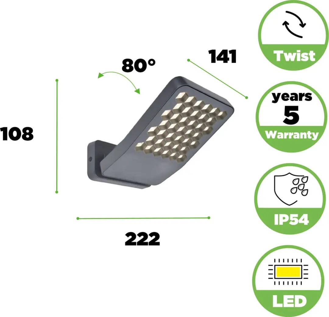 Lutec Atlantis LED Wandlamp 2000Lm 4000K - Donkergrijs