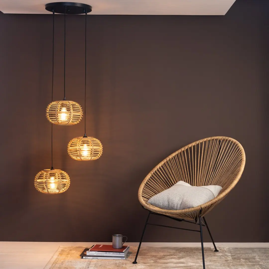 Brilliant Woodball Hanglamp E27 - 3x40W - Ø57cm - Mat zwart/natuur