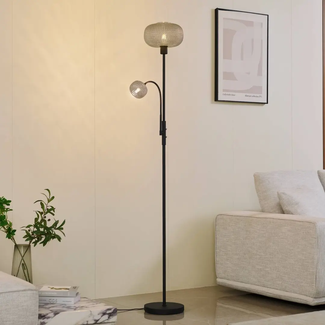 Lindby Vloerlamp 2-lichts Glas - 180cm - Zwart/Rookgrijs