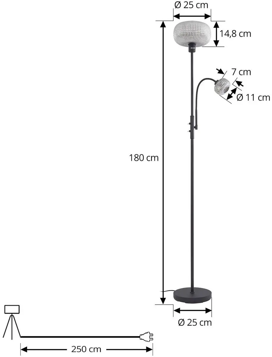 Lindby Vloerlamp 2-lichts Glas - 180cm - Zwart/Rookgrijs