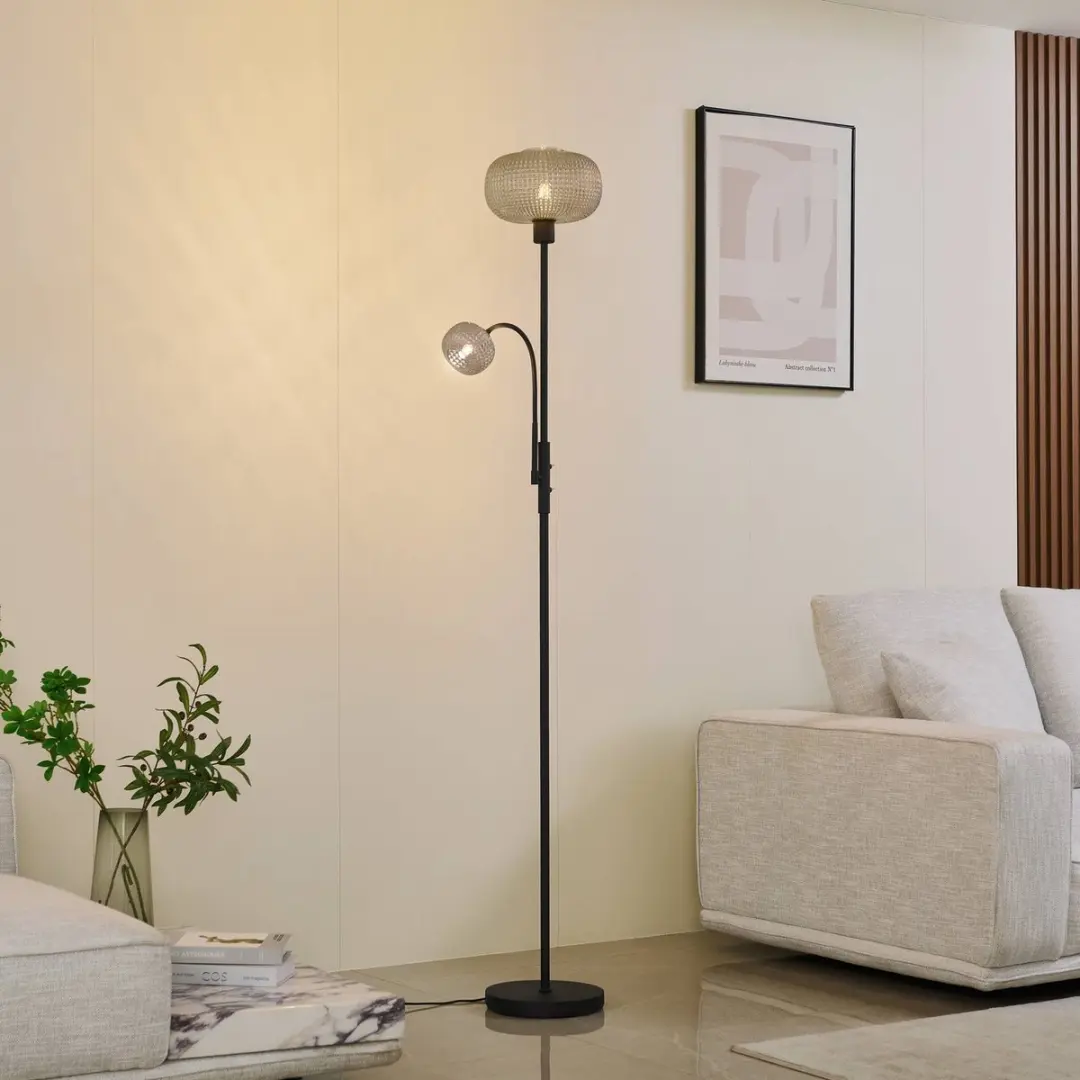 Lindby Vloerlamp 2-lichts Glas - 180cm - Zwart/Rookgrijs