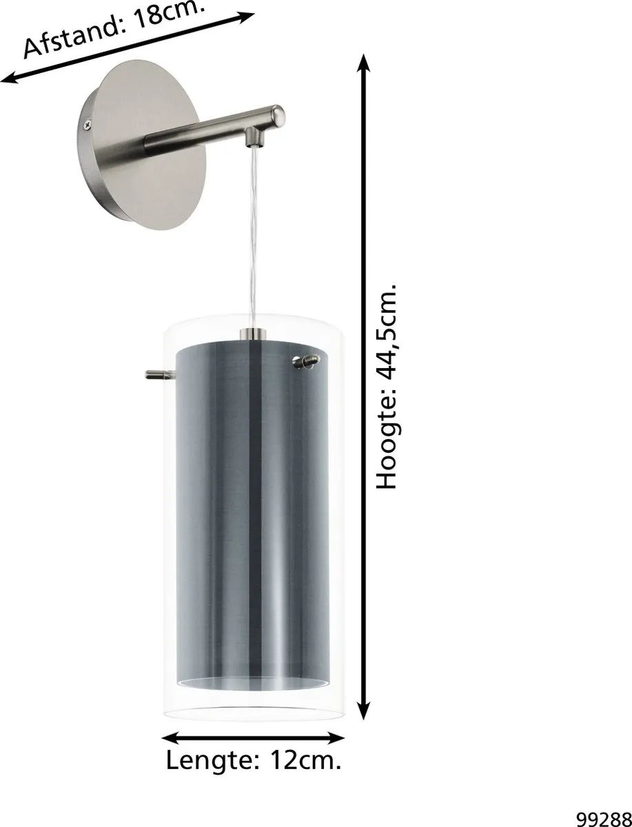 Eglo Pinto Textiel Wandlamp E27 - 44,5 cm - Grijs