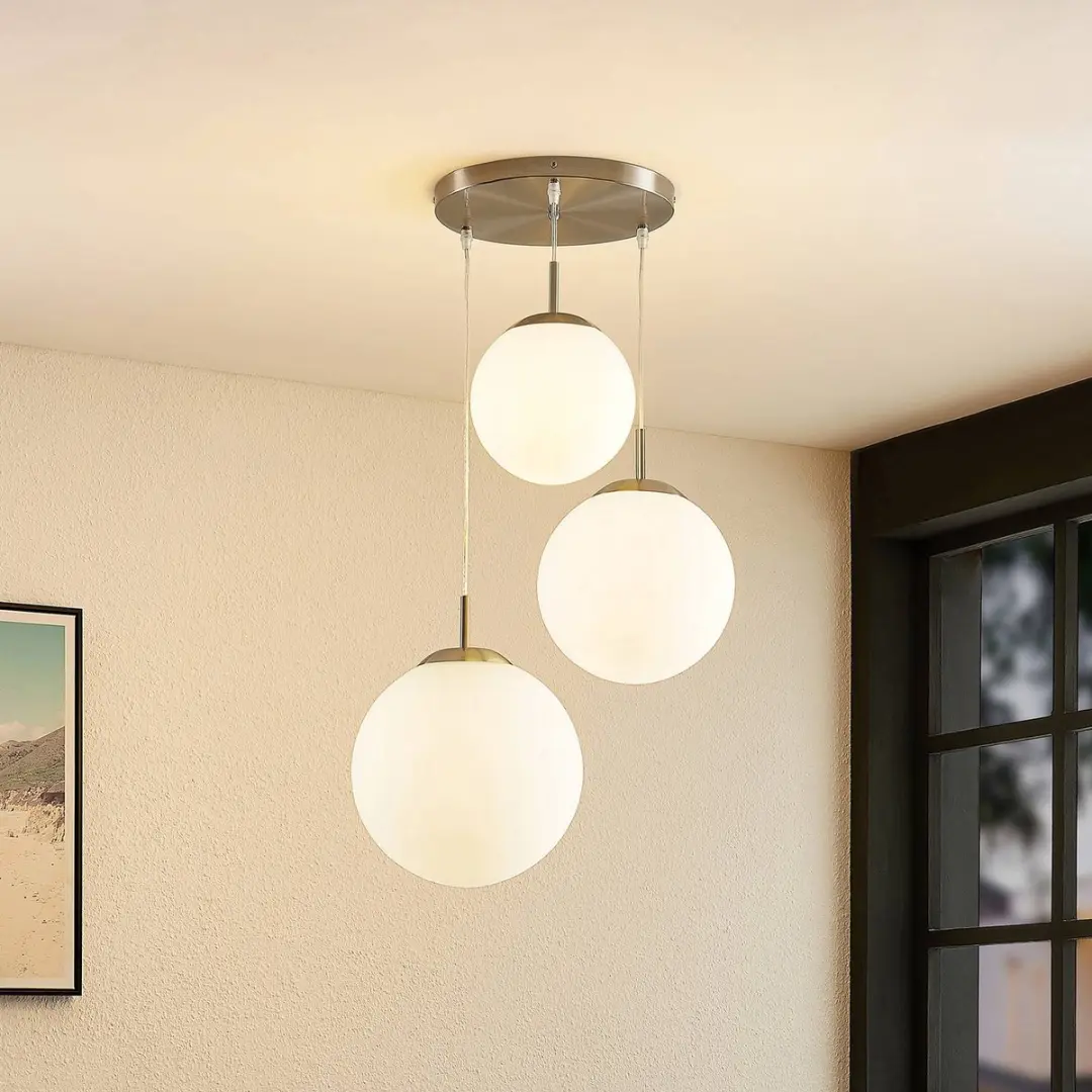Lindby Hanglamp 3-Lichts Metaal Glas - Mat Nikkel/Opaalwit
