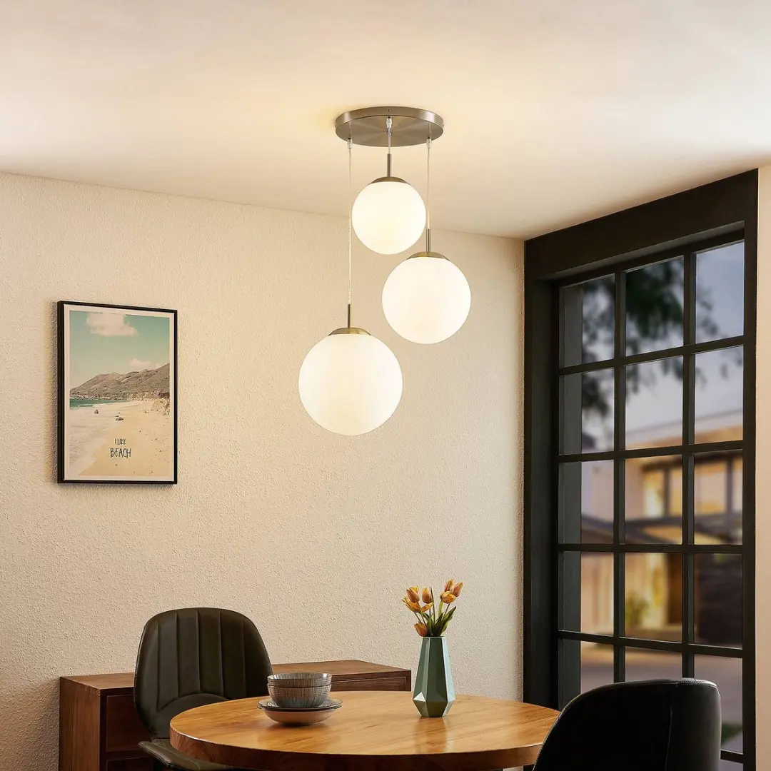 Lindby Hanglamp 3-Lichts Metaal Glas - Mat Nikkel/Opaalwit