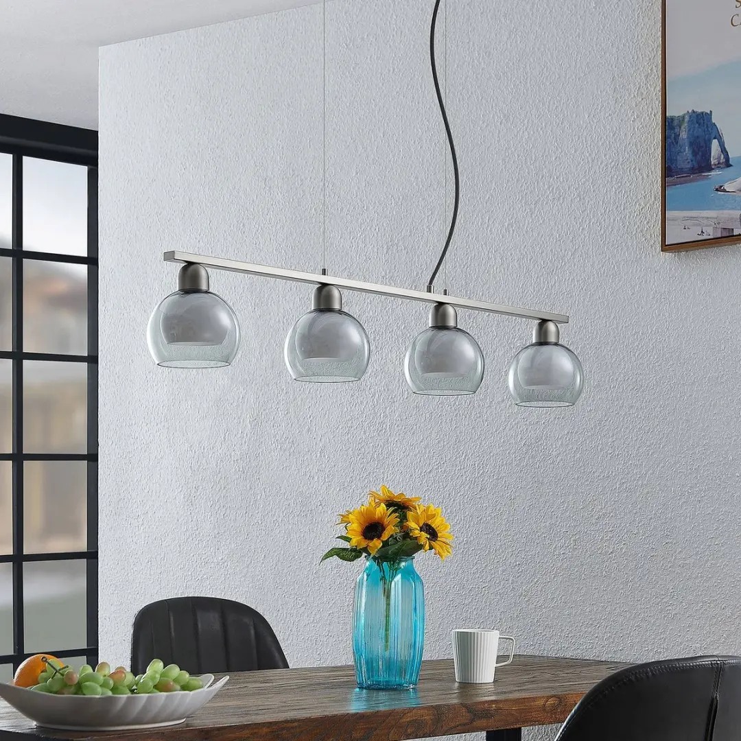 Lucande Hanglamp 4-Lichts IJzer Glas - E14 - Nikkel/Wit/Rookgrijs