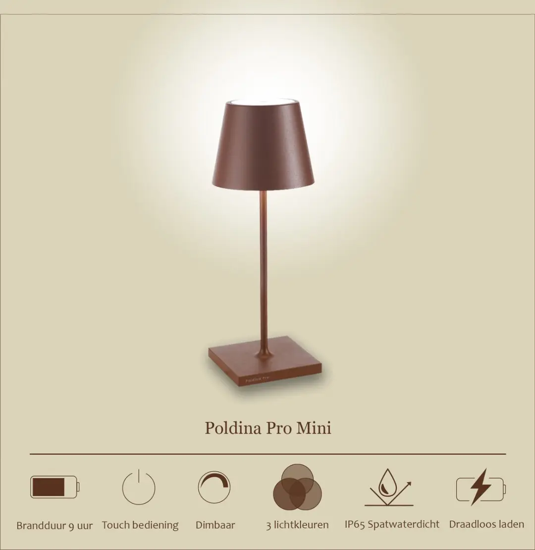 Zafferano Poldina Pro Mini Oplaadbare LED Tafellamp - Bruin - IP65