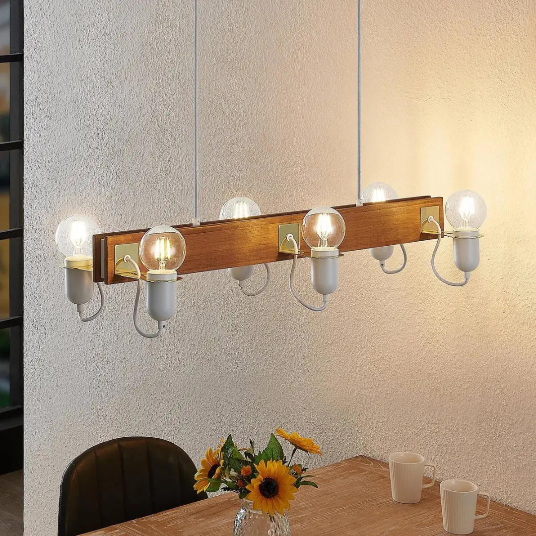 Lucande Hanglamp 6-Lichts Dennehout/Wit/Gepolijst Messing