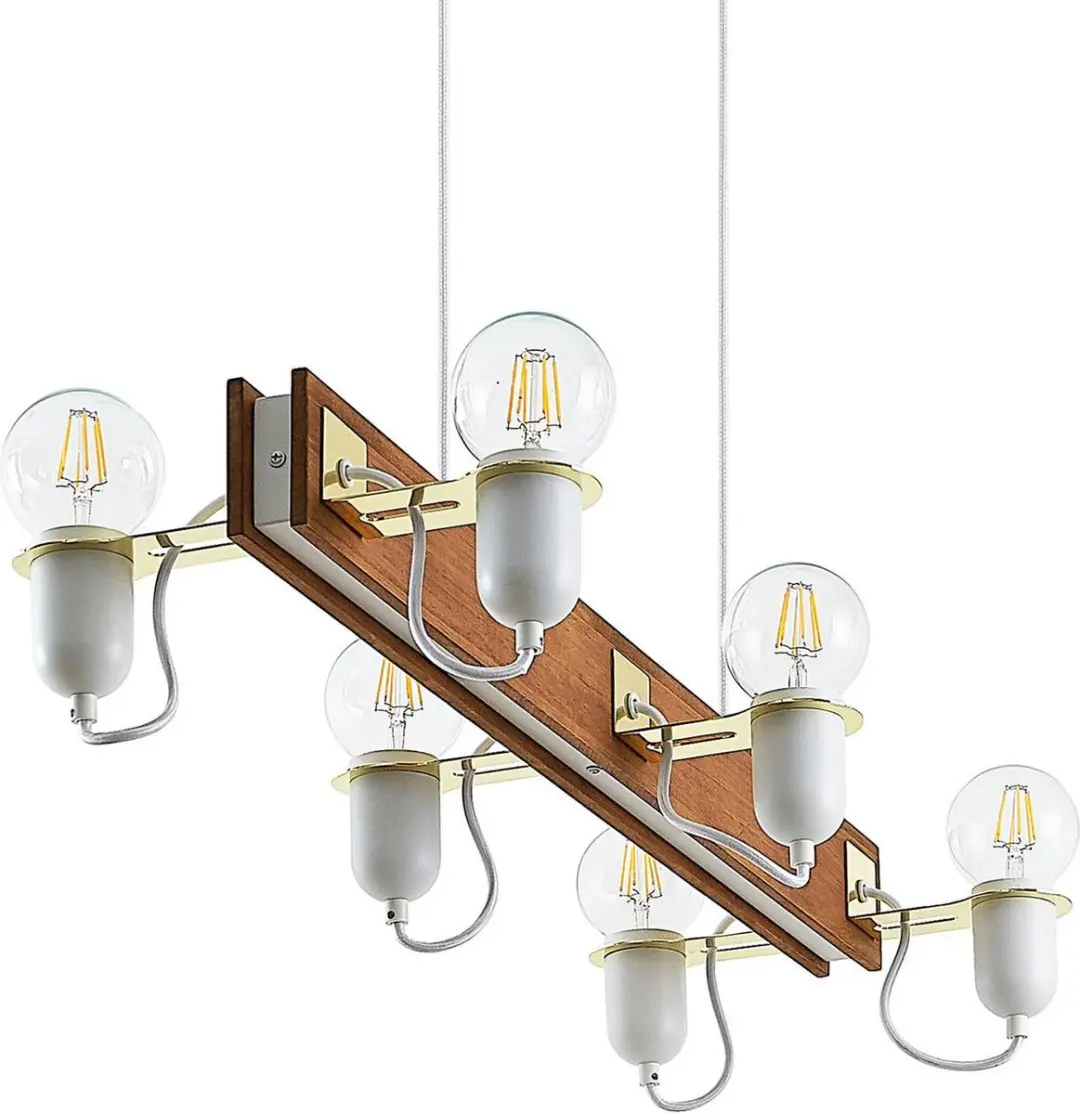 Lucande Hanglamp 6-Lichts Dennehout/Wit/Gepolijst Messing
