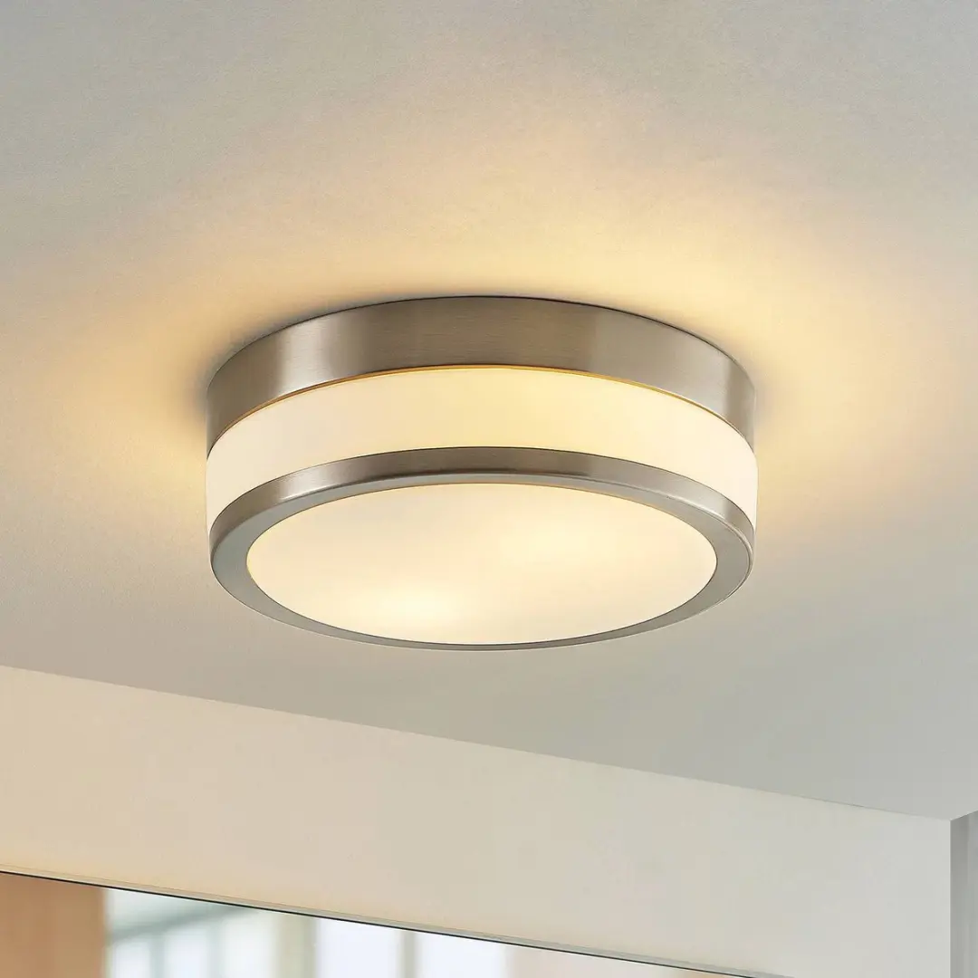 Lindby Plafondlamp Badkamer 28cm - 2x E27 - Opaalwit/Mat Nikkel