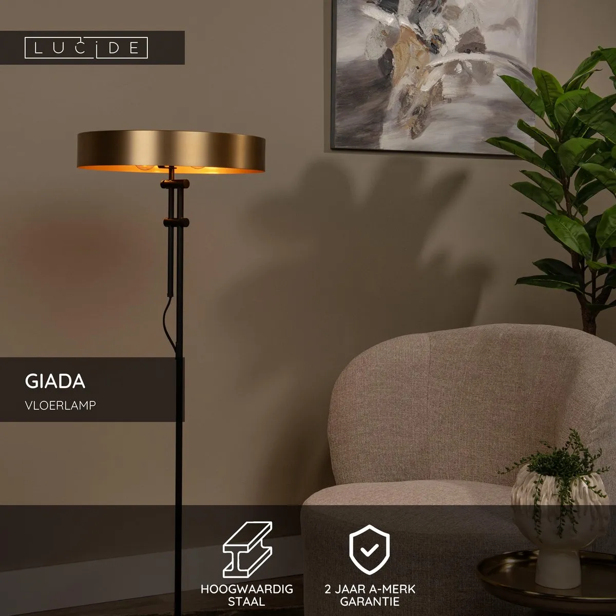 Lucide Giada Vloerlamp Ø45cm - 2xE27 Mat Goud/Messing