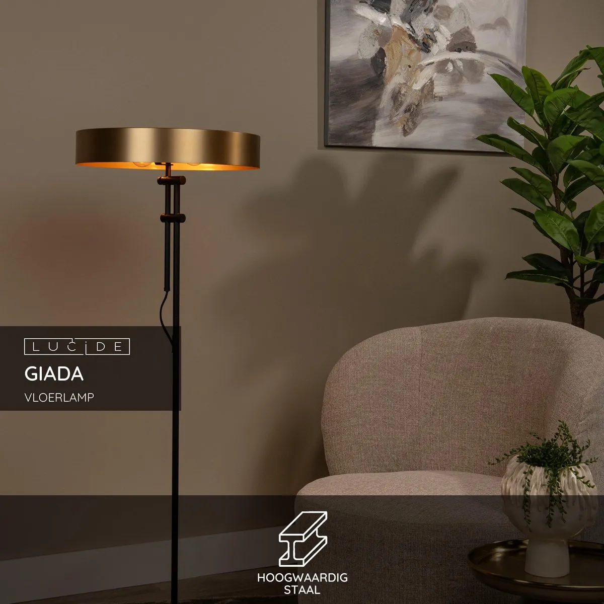 Lucide Giada Vloerlamp Ø45cm - 2xE27 Mat Goud/Messing