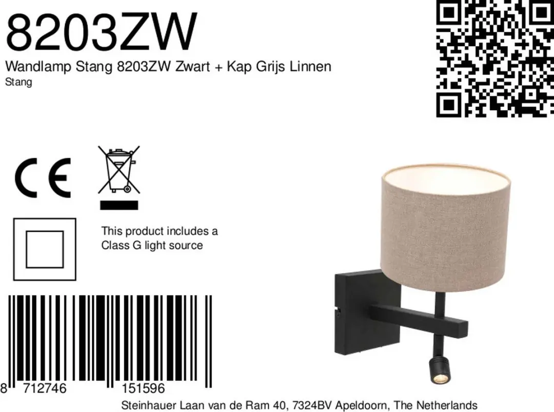 Steinhauer Wandlamp Stang 8203ZW - 2 Lichtpunten - E27 - 40W - Grijs - afbeelding 6 van 6
