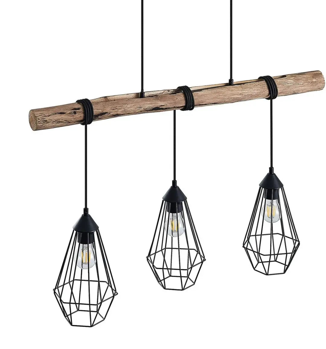 Lindby Hanglamp 3-lichts Metaal Hout - Matzwart/Licht Hout