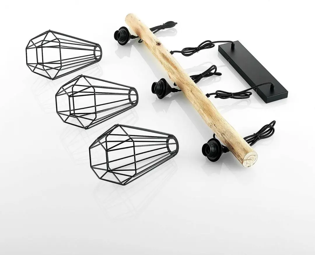 Lindby Hanglamp 3-lichts Metaal Hout - Matzwart/Licht Hout