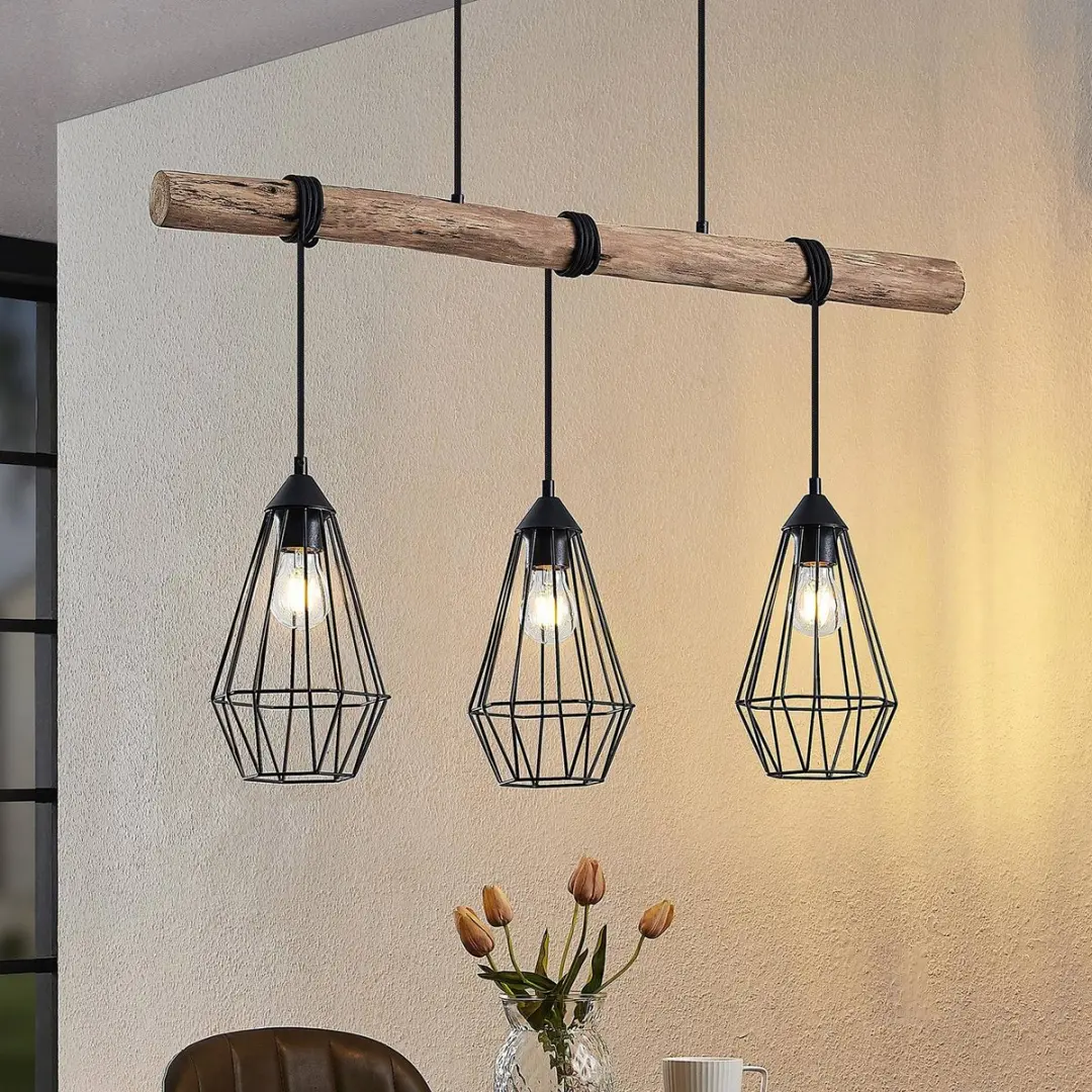 Lindby Hanglamp 3-lichts Metaal Hout - Matzwart/Licht Hout