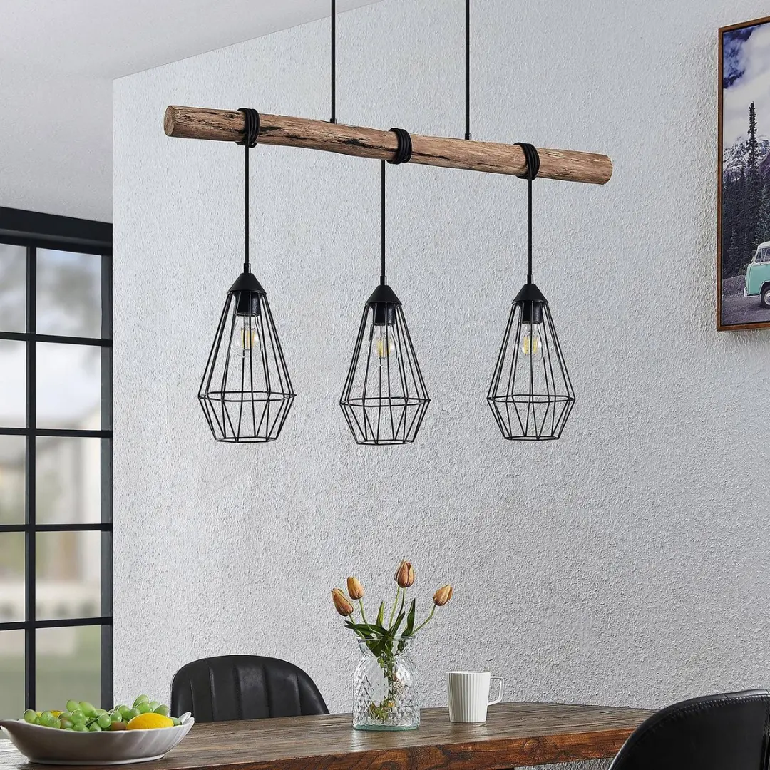 Lindby Hanglamp 3-lichts Metaal Hout - Matzwart/Licht Hout