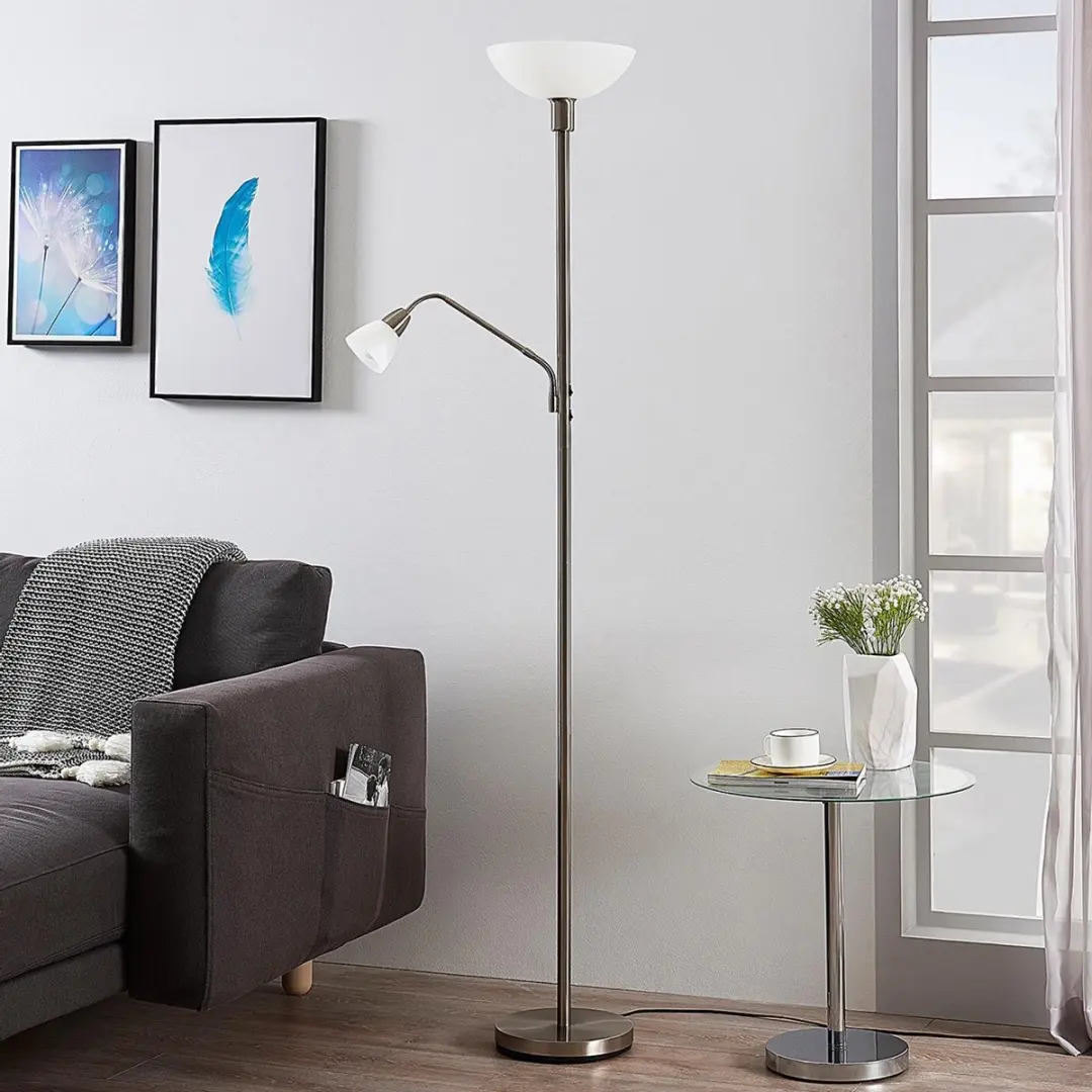 Lindby Vloerlamp 2-licht Metaal - 180cm - Satinikkel/Wit