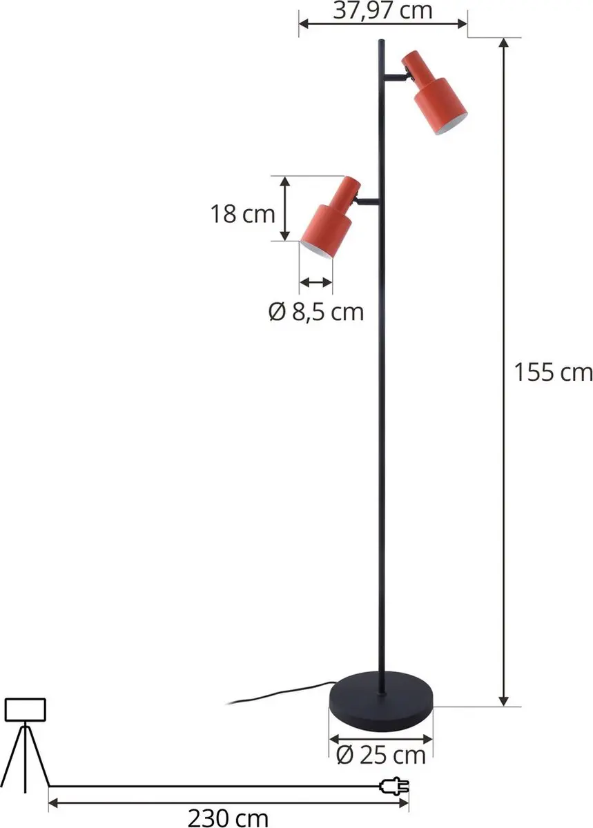 Lindby Vloerlamp 2-lichts IJzer - 155cm - E27 - Oranje/Zwart