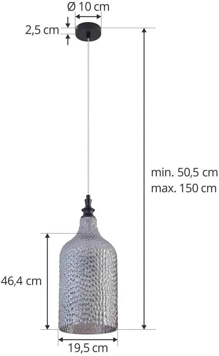 Lindby Hanglamp Glas Metaal 46.6cm - E27 - Rookgrijs/Zwart