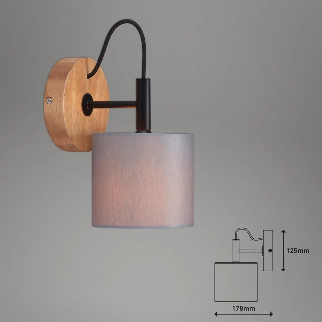 Briloner Wood & Style Wandlamp E14 - Metaal/Hout - 12,5cm - Zwart/Hout/Grijs - afbeelding 6 van 6