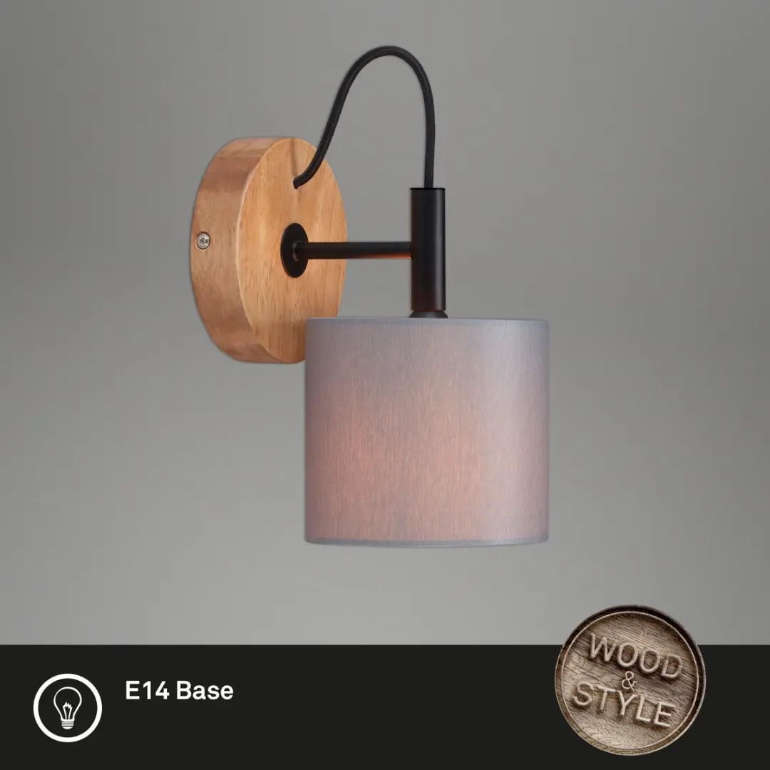 Briloner Wood & Style Wandlamp E14 - Metaal/Hout - 12,5cm - Zwart/Hout/Grijs