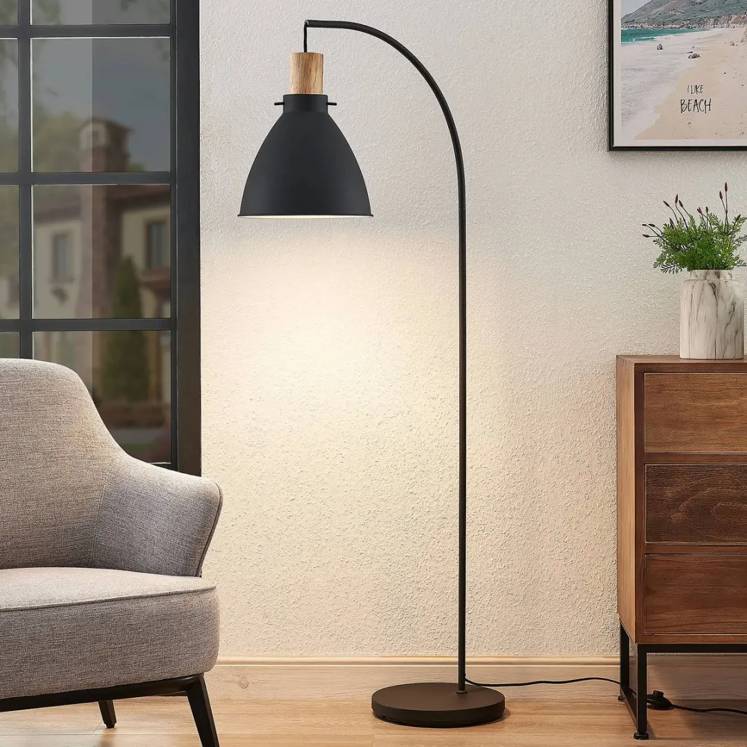 Lindby Vloerlamp IJzer Eucalyptushout 154cm - E27 - Zwart/Licht Hout