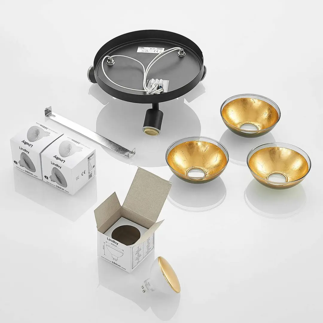 Lindby Buitenspot 3-lichts GU10 - 22cm - Matzwart/Bladgoud