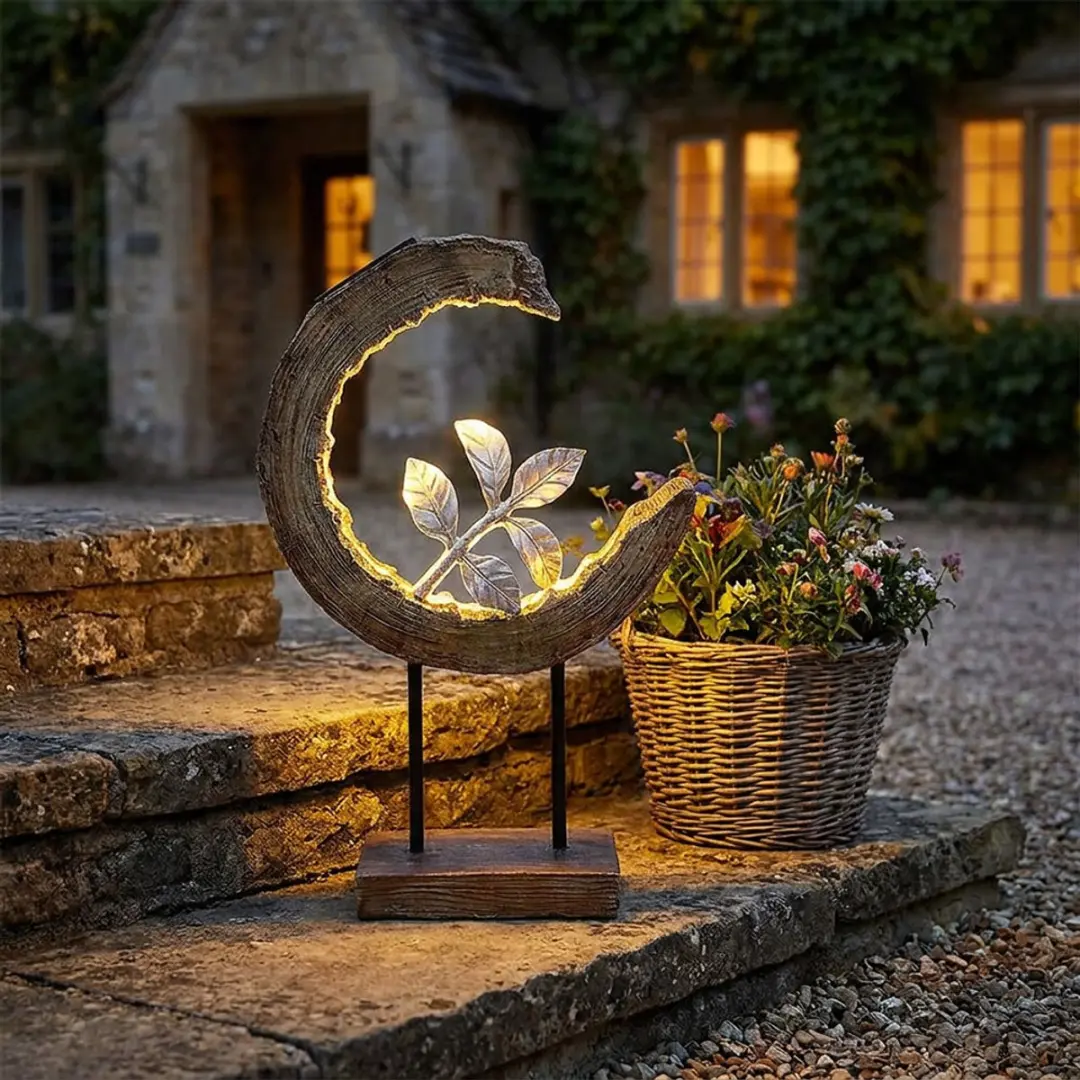 Globo Solarlamp Maan Houtlook 24x52cm - Warm Wit 3000K