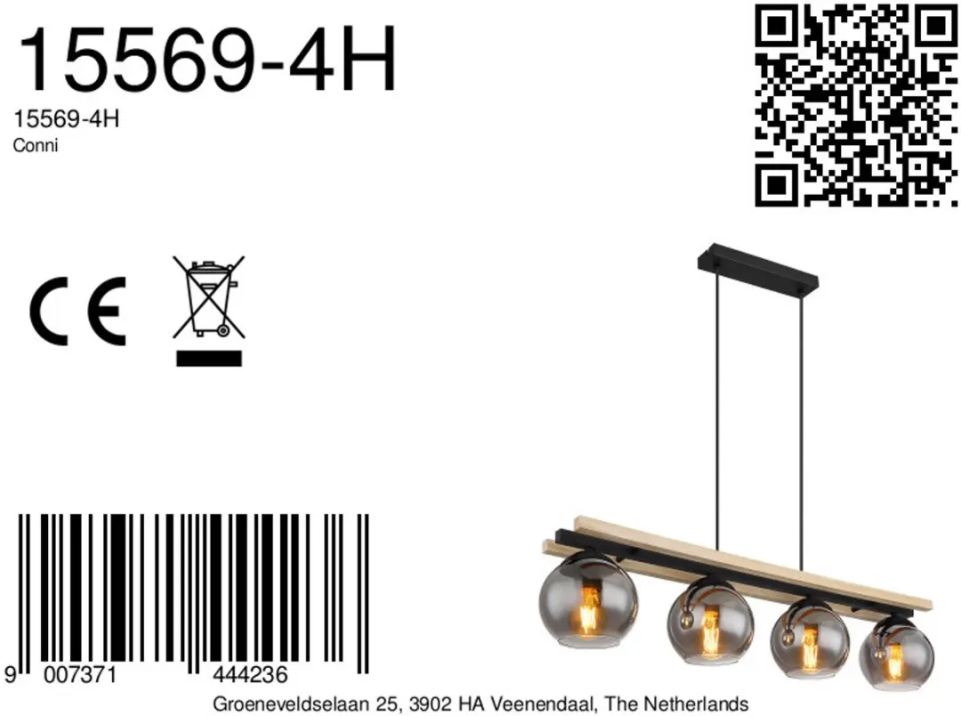 Globo Conni Hanglamp - 4x E27 - Zwart - Ø15cm - afbeelding 6 van 6