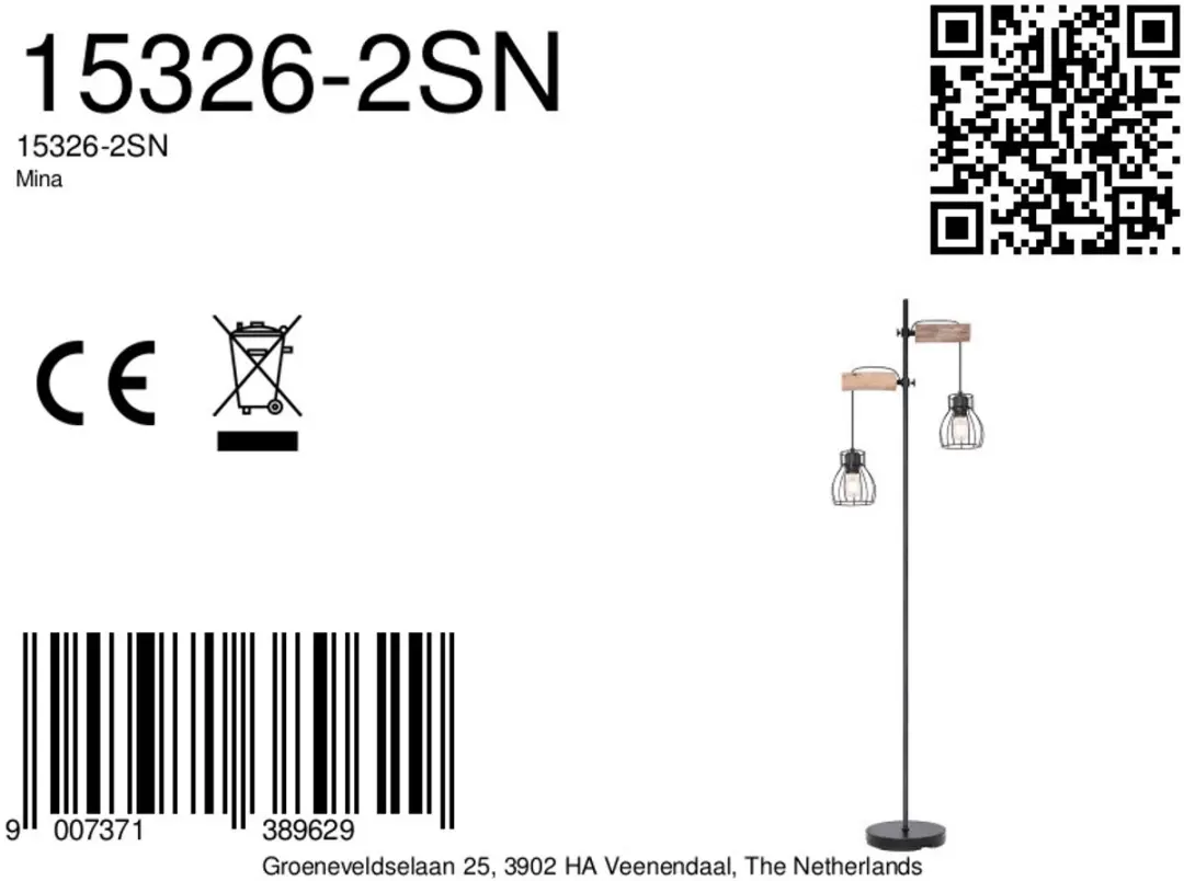 Globo Mina Vloerlamp - 2x E27 - Zwart