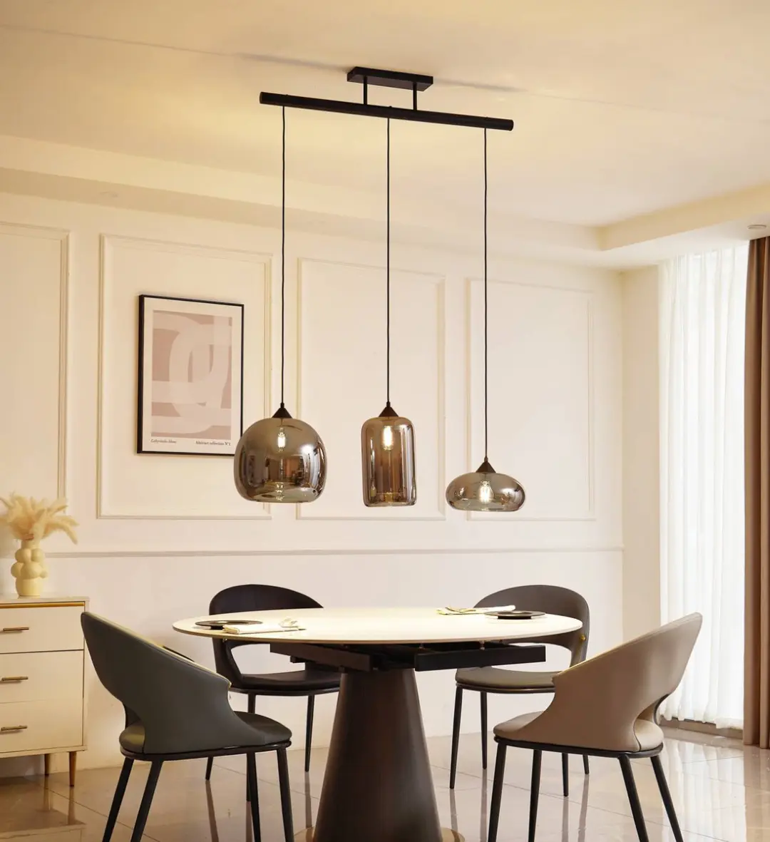 Lindby Hanglamp 3-Lichts Glas Staal - 3x60W - Rookgrijs/Zwart