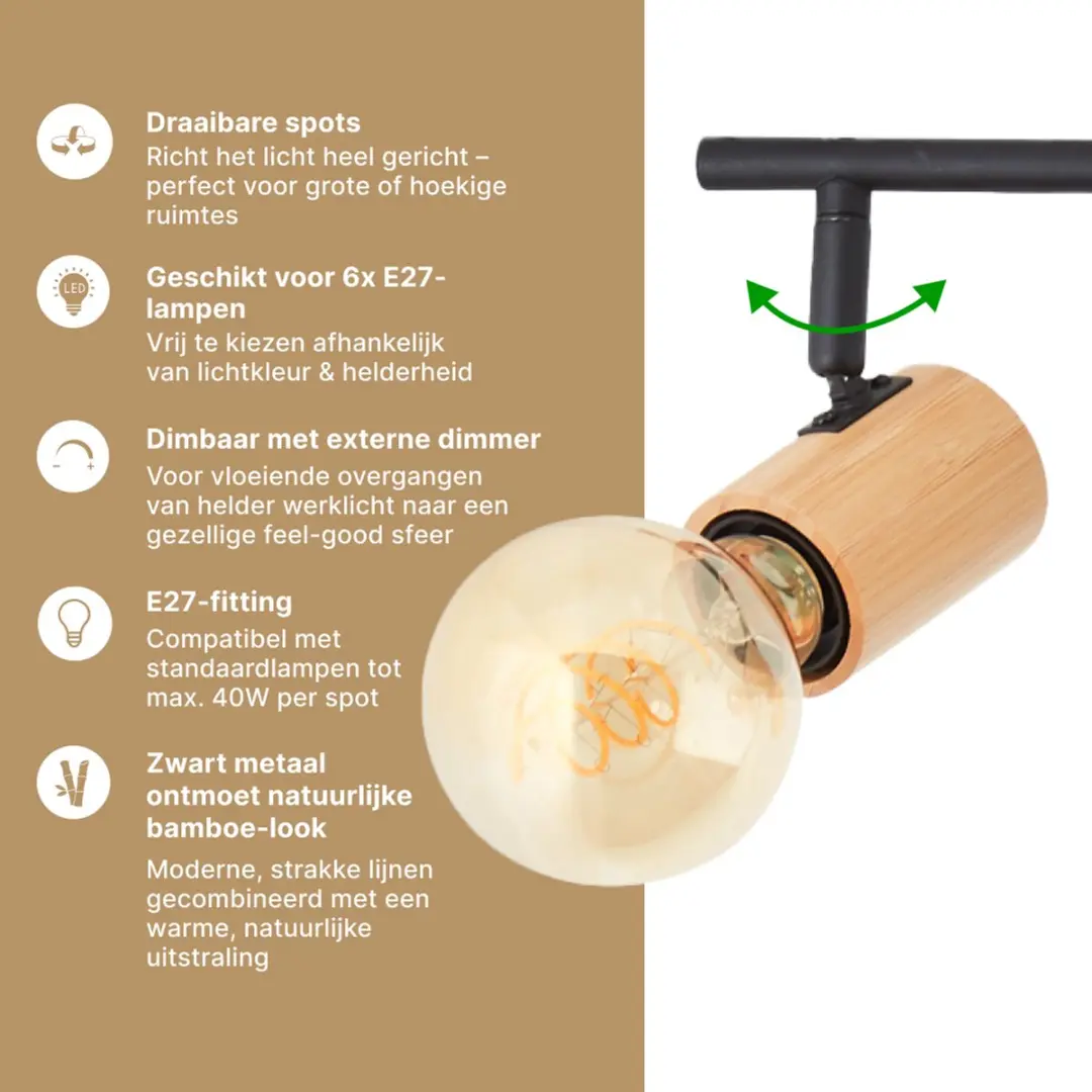 Brilliant Kerry Spotbuis 6-lichts - Zwart/Hout - 6x40W