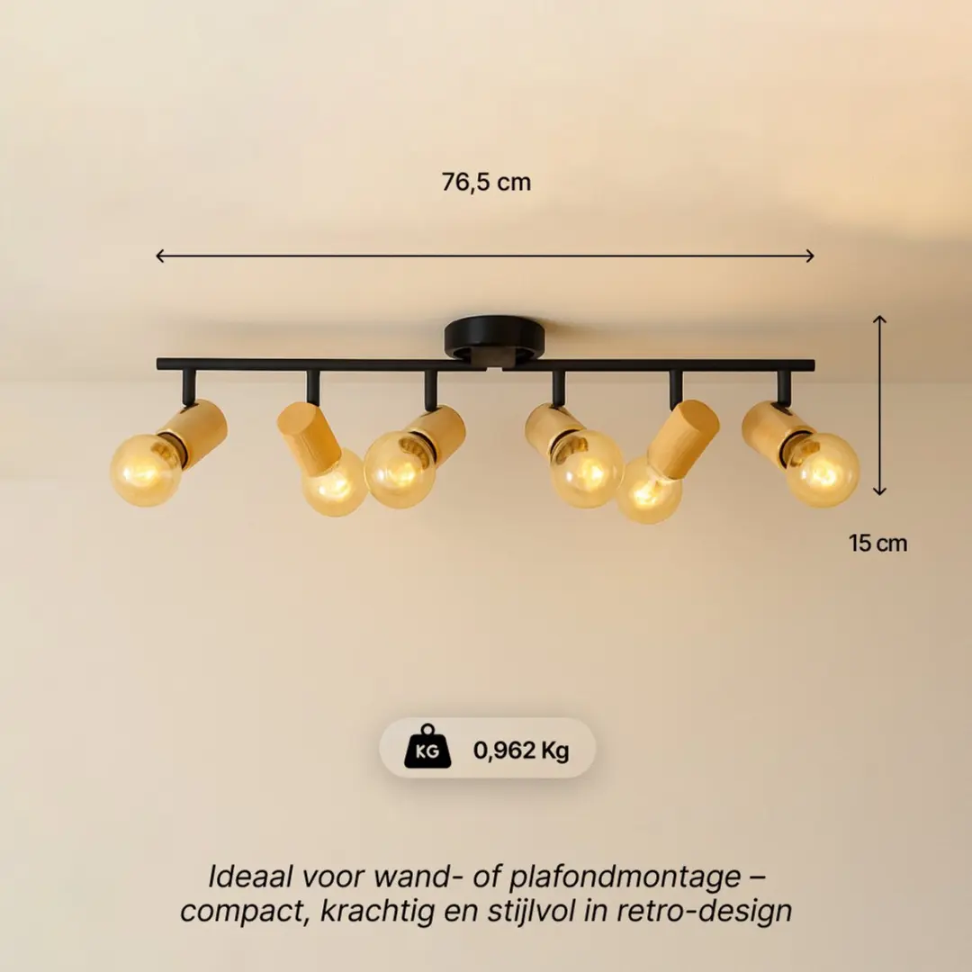 Brilliant Kerry Spotbuis 6-lichts - Zwart/Hout - 6x40W