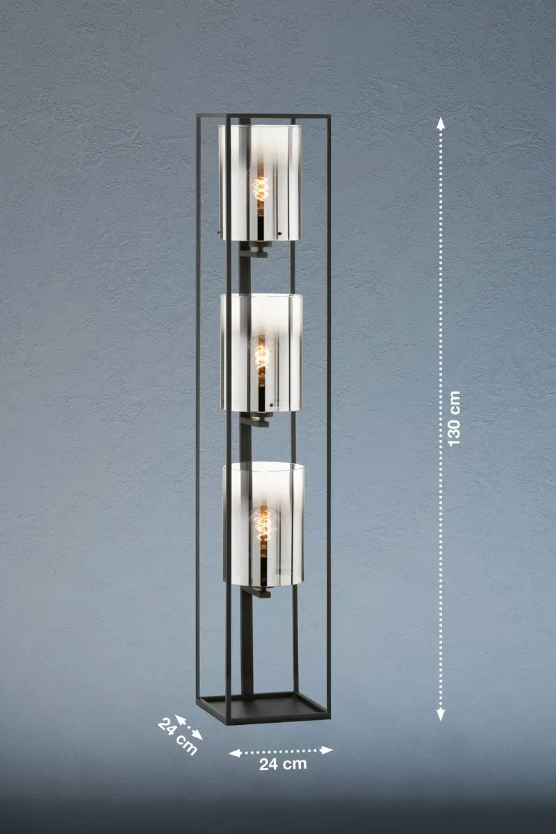 Fischer & Honsel Samu Vloerlamp 3x E27 - 130x24x24cm Zwart/Rookglas