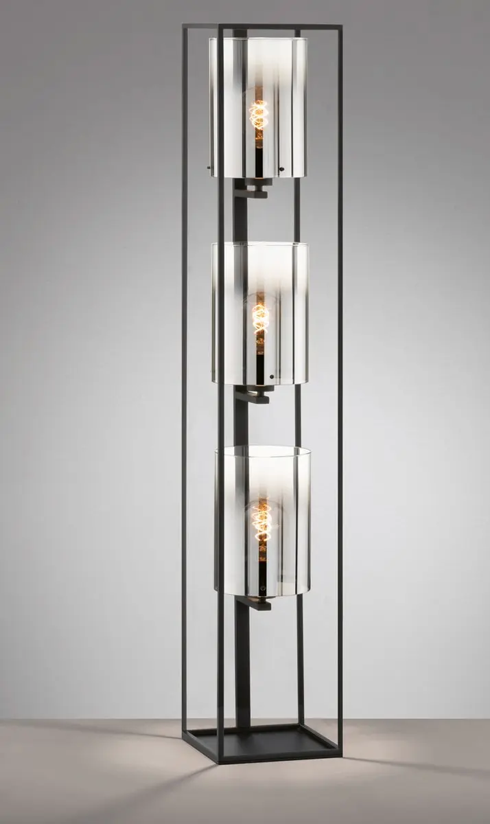 Fischer & Honsel Samu Vloerlamp 3x E27 - 130x24x24cm Zwart/Rookglas