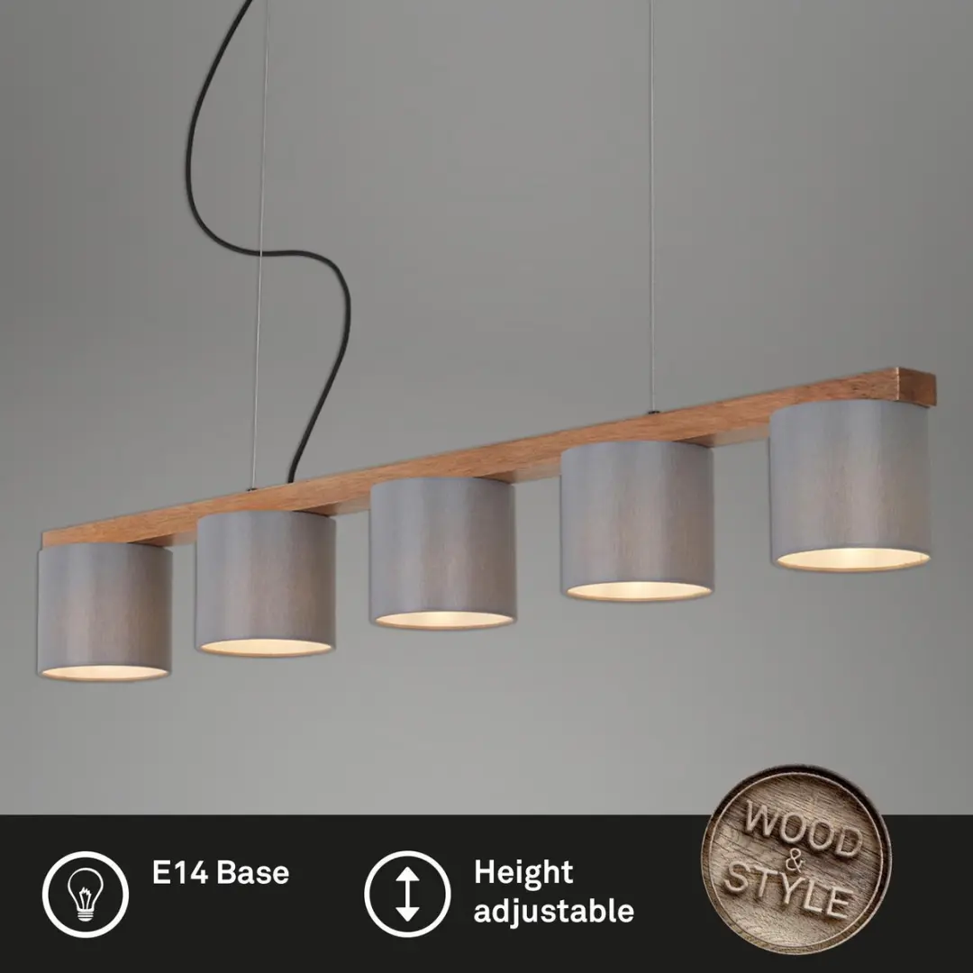 Briloner Wood & Style Hanglamp 5-arm - Grijs