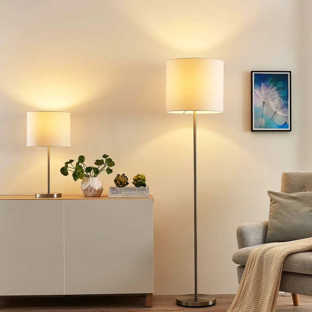 Lindby Vloerlamp 1 Lichtstof - 166cm - E27 - Wit/Mat Nikkel