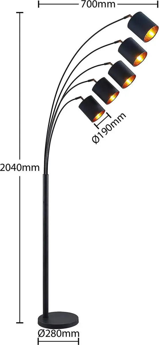Lindby Vloerlamp 5-Lichts - Staal/Textiel - 204cm - Zwart/Goud