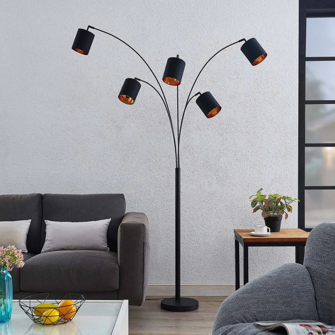Lindby Vloerlamp 5-Lichts - Staal/Textiel - 204cm - Zwart/Goud
