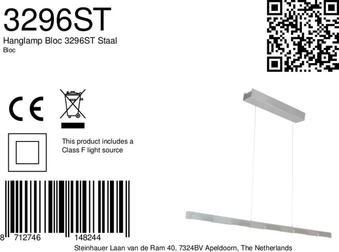 Steinhauer Bloc 3296ST Hanglamp - 7 Lichtpunten - 120cm - Zilver - afbeelding 6 van 6