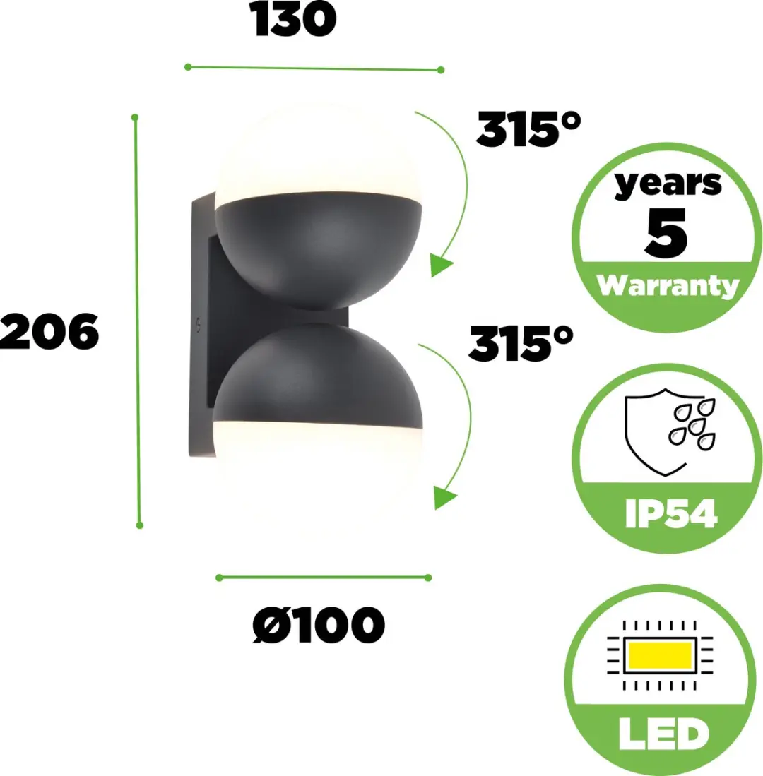 Lutec Looma LED Wandlamp 2x1600Lm 3000K - Antraciet