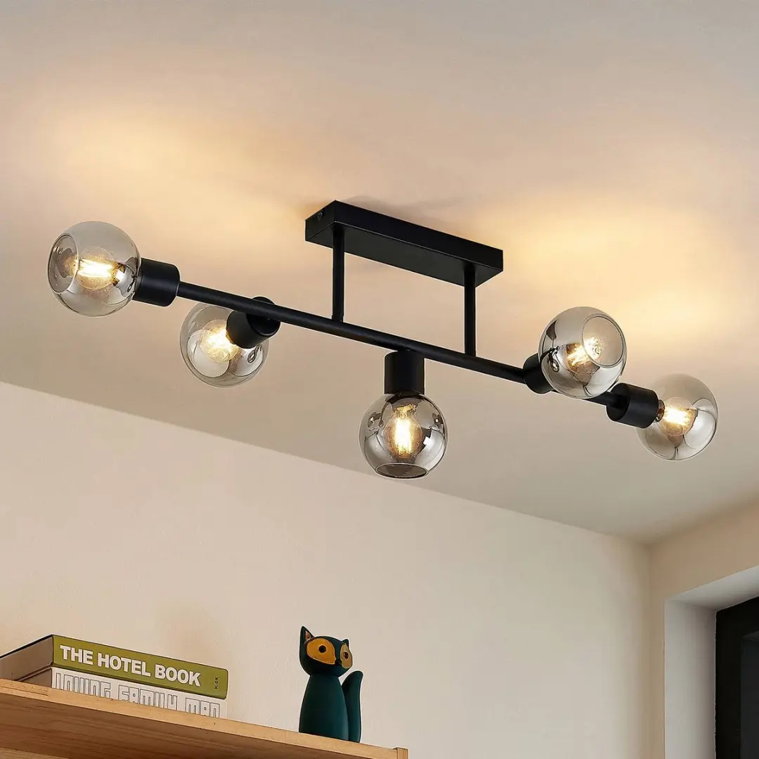 Lindby Plafondlamp 5-Lichts - Matzwart/Rookgrijs