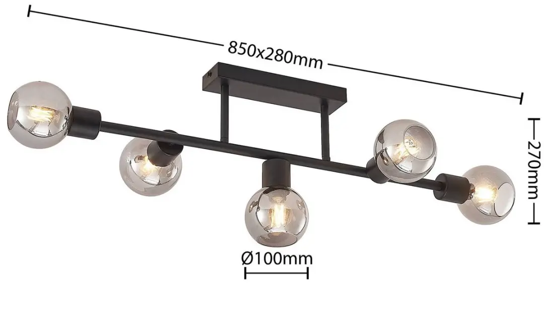 Lindby Plafondlamp 5-Lichts - Matzwart/Rookgrijs