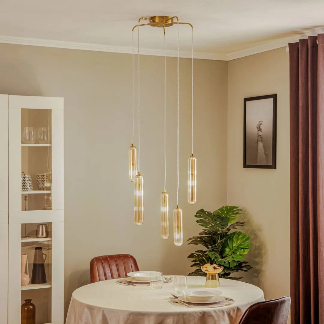 Lucande Hanglamp 5-Lichts Glas & Metaal G9 - Amber/Messing