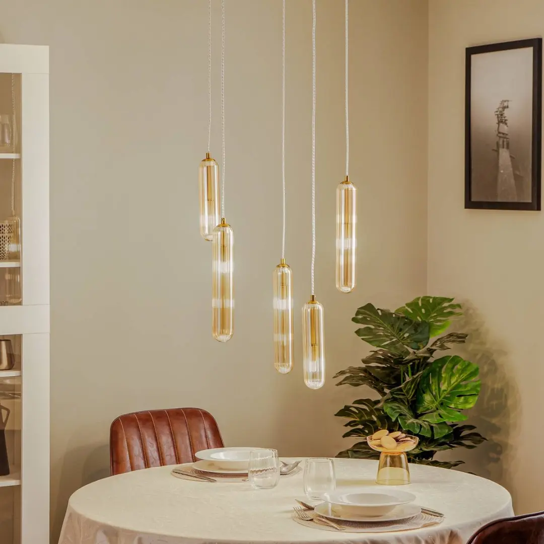 Lucande Hanglamp 5-Lichts Glas & Metaal G9 - Amber/Messing