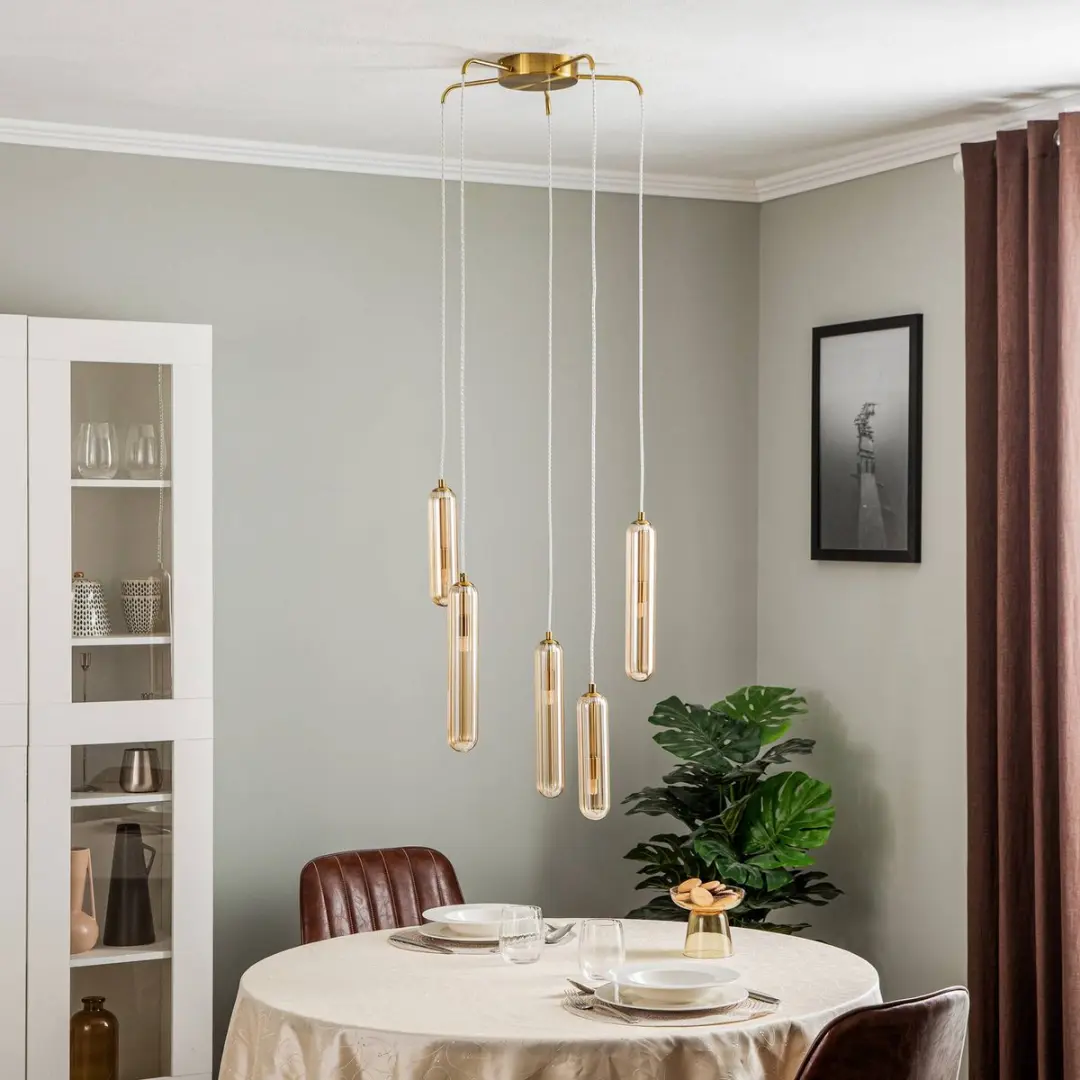 Lucande Hanglamp 5-Lichts Glas & Metaal G9 - Amber/Messing