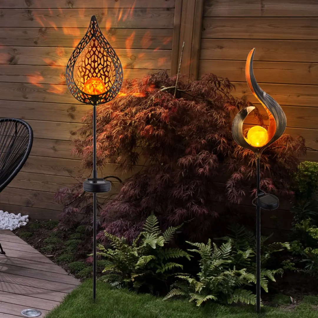 Globo Tuindecoratie Solarlamp Steeklamp Vlamdesign - H 90cm - Brons - 2 Stuks