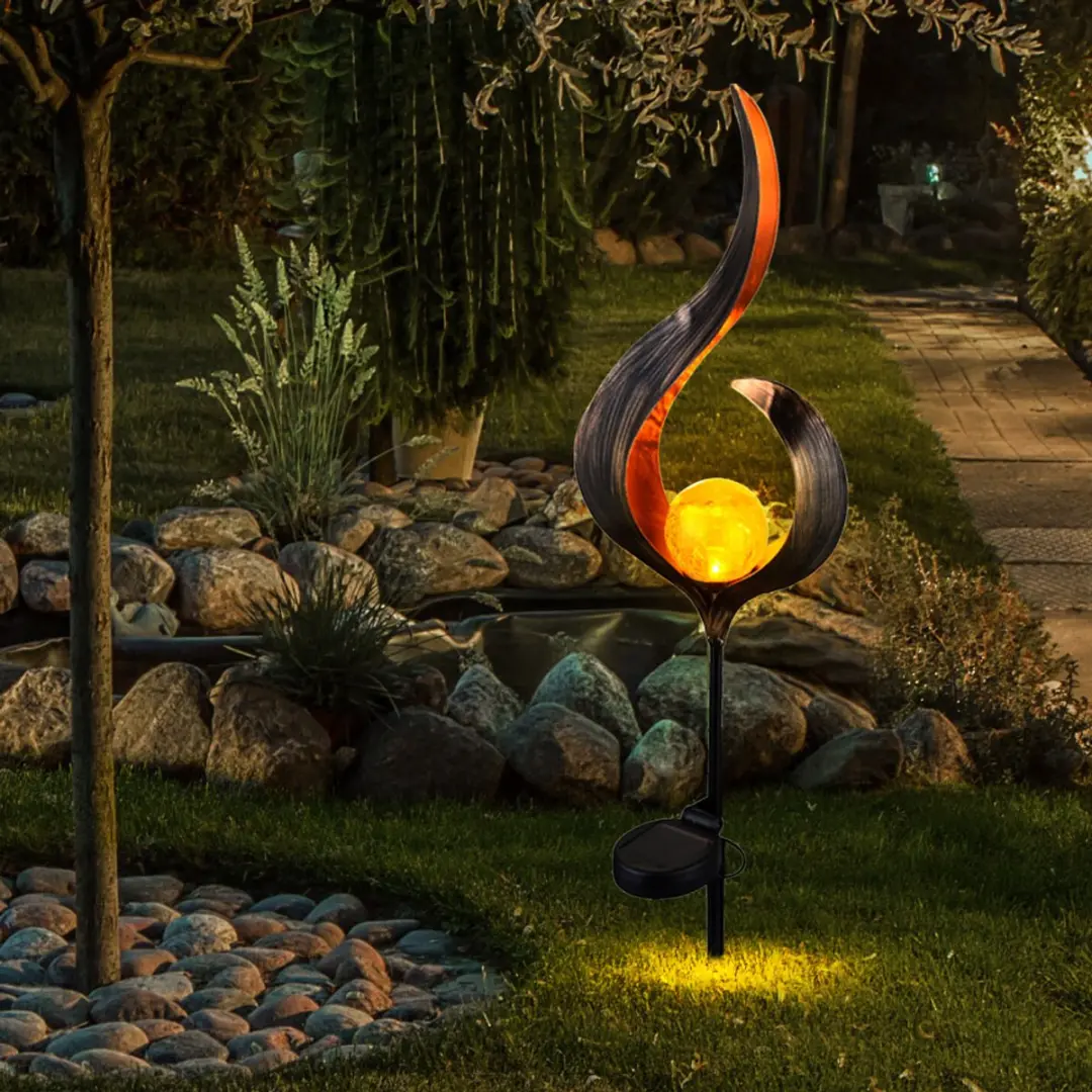 Globo Tuindecoratie Solarlamp Steeklamp Vlamdesign - H 90cm - Brons - 2 Stuks
